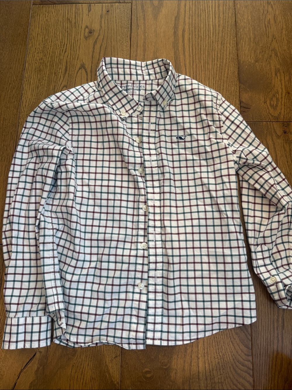 Boys Vineyard Vines White Button-Down Shirt with green and Burgundy Plaid- size7